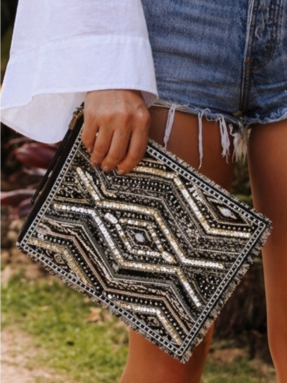 Zip Clutch, Handcrafted Beaded Boho | Geometric Tribal Woven Fringe